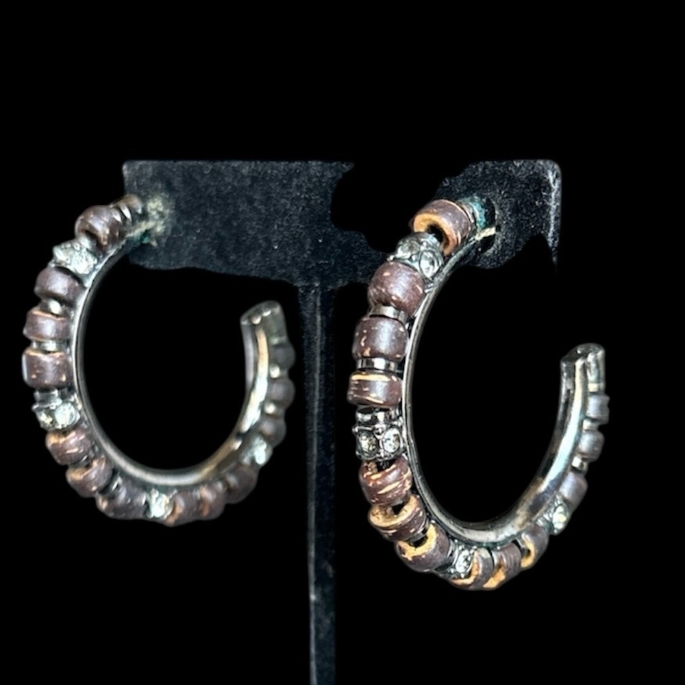 GIVENCHY Brown Wooden Rhinestone Beaded Hoop Pierced Earrings